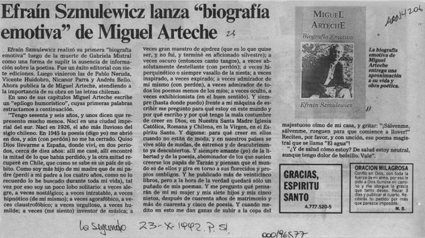 Efraín Szmulewicz lanza "Biografía emotiva" de Miguel Arteche  [artículo].