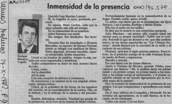 Inmensidad de la presencia  [artículo] Enrique Ramírez Capello.