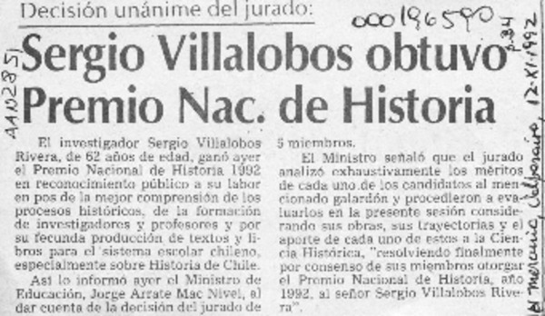 Sergio Villalobos obtuvo Premio Nacional de Historia  [artículo].