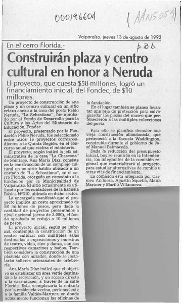 Construirán plaza y centro cultural en honor a Neruda  [artículo].