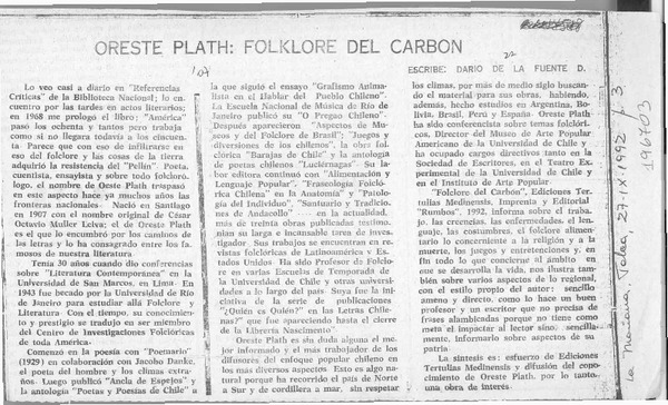 Oreste Plath; folklore del carbón  [artículo] Darío de la Fuente.