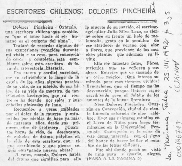 Escritores chilenos; Dolores Pincheira  [artículo] José Flores Leiva.