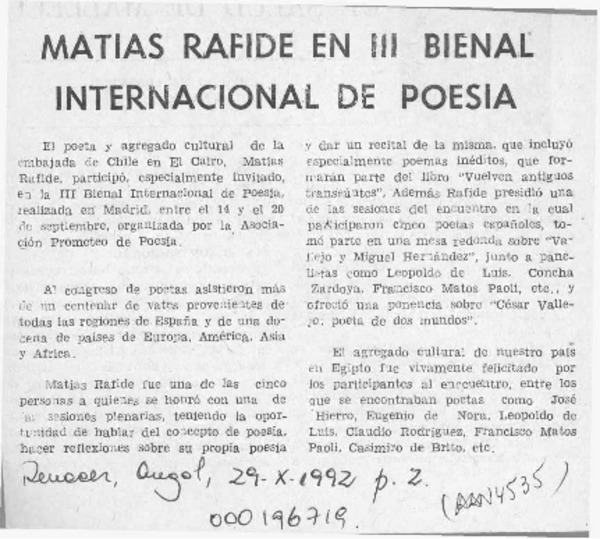 Matías Rafide en III bienal internacional de poesía  [artículo].