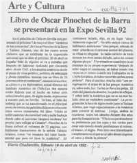 Libro de Oscar Pinochet de la Barra se presentará en la Expo Sevilla 92  [artículo].