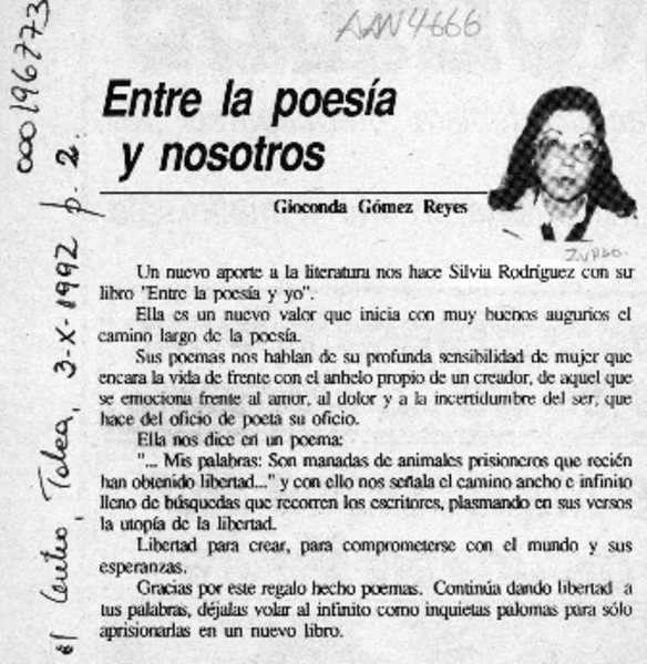 Entre la poesía y nosotros  [artículo] Gioconda Gómez Reyes.