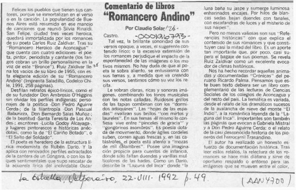 "Romancero andino"  [artículo] Claudio Solar.