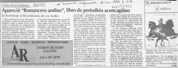 Apareció "Romancero andino", libro de periodista aconcagüino  [artículo] E. R. M.