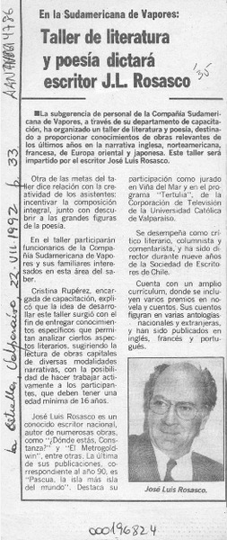 Taller de literatura y poesía dictará escritor J. L. Rosasco  [artículo].
