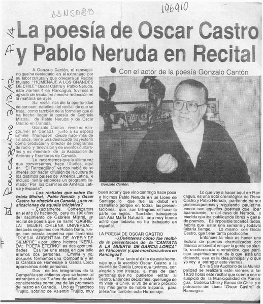 La Poesía de Oscar Castro y Pablo Neruda en recital  [artículo].