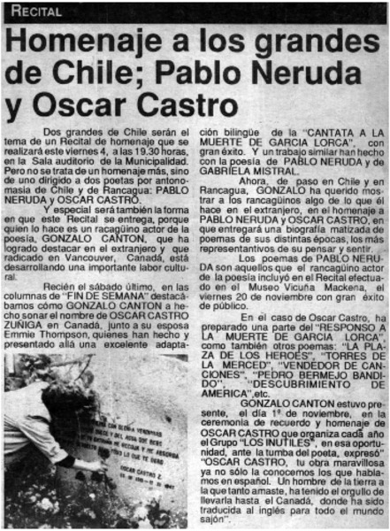 Homenaje a los grandes de Chile, Pablo Neruda y Oscar Castro