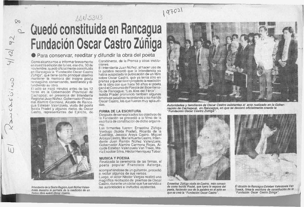 Quedó constituida en Rancagua Fundación Oscar Castro Zúñiga  [artículo].