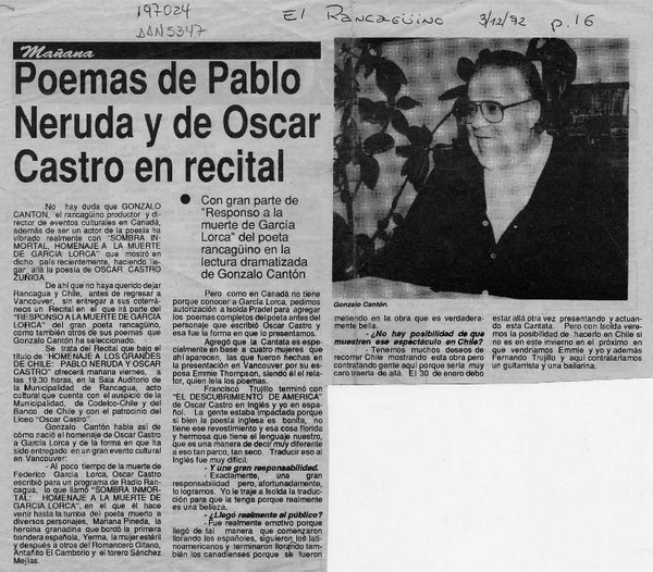 Poemas de Pablo Neruda y Oscar Castro en recital  [artículo].
