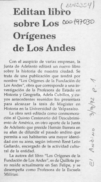 Editan libro sobre los orígenes de Los Andes  [artículo].