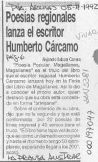 Poesías regionales lanza el escritor Humberto Cárcamo  [artículo] Alejandro Salazar Carrera.
