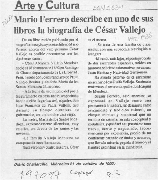 Mario Ferrero describe en uno de sus libros la biografía de César Vallejo  [artículo].