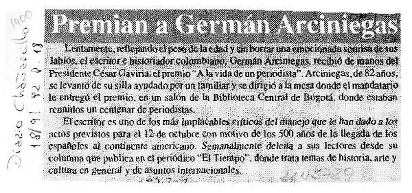 Premian a Germán Arciniegas  [artículo].