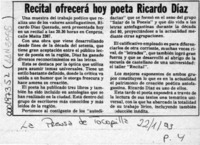 Recital ofrecerá hoy poeta Ricardo Díaz  [artículo].