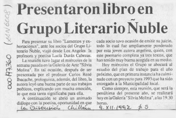 Presentaron libro en Grupo Literario Ñuble  [artículo].