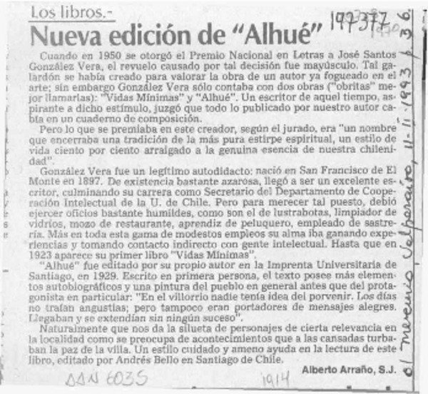 Nueva edición de "Alhué"  [artículo] Alberto Arraño.