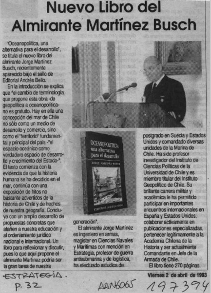 Nuevo libro del almirante Martínez Busch  [artículo].