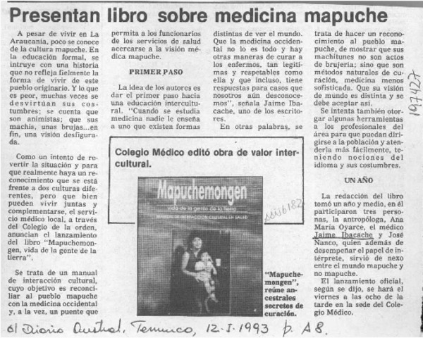 Presentan libro sobre medicina mapuche  [artículo].