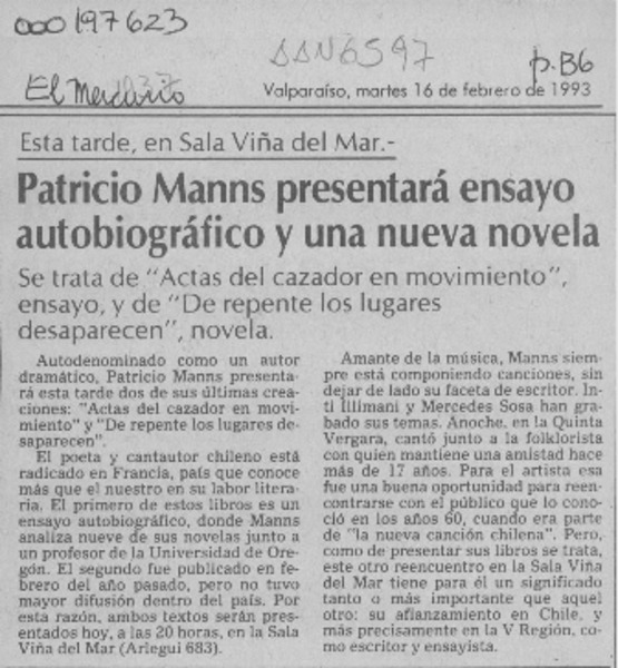 Patricio Manns presentará ensayo autobiográfico y una nueva novela  [artículo].