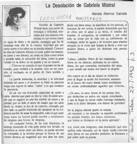 La desolación de Gabriela Mistral  [artículo] Marcela Albornoz Dachelet.