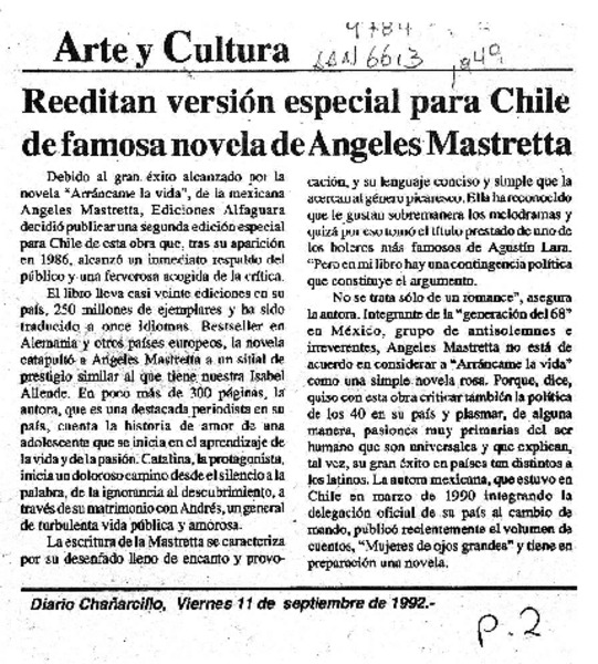 Reeditan versión especial para Chile de famosa novela de Angeles Mastretta  [artículo].