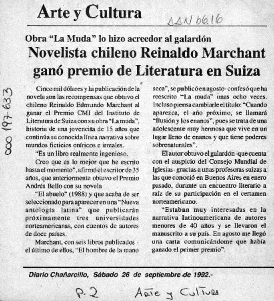 Novelista chileno Reinaldo Marchant ganó premio de literatura en Suiza  [artículo].