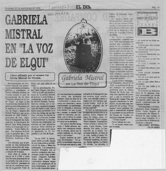Gabriela Mistral en "La voz de Elqui"  [artículo] Orlando Rivera Olivares.