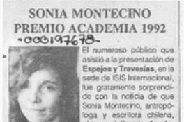 Sonia Montecino, premio Academia 1992  [artículo] L. B. F.