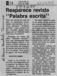 Reaparece revista "Palabra escrita"  [artículo].