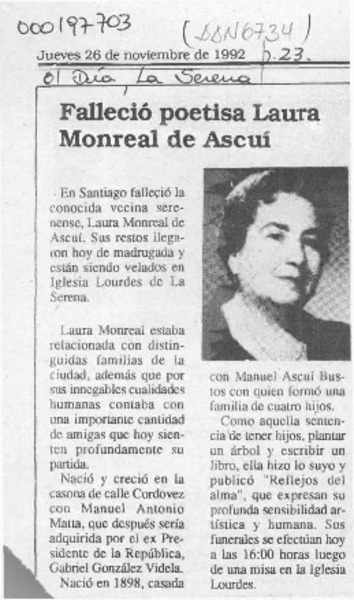 Falleció poetisa Laura Monreal de Ascuí  [artículo].