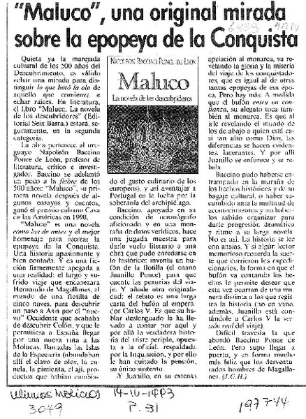 "Maluco", una original mirada sobre la epopeya de la Conquista  [artículo] J. G. H.