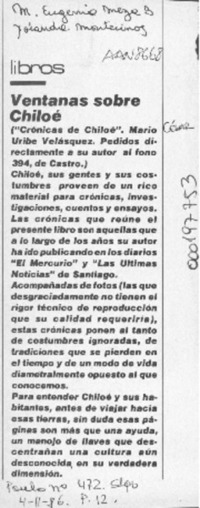 Ventanas sobre Chiloé  [artículo] M. Eugenia Meza B. [y] Yolanda Montecinos.