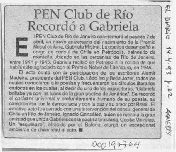 PEN Club de Río recordó a Gabriela  [artículo].