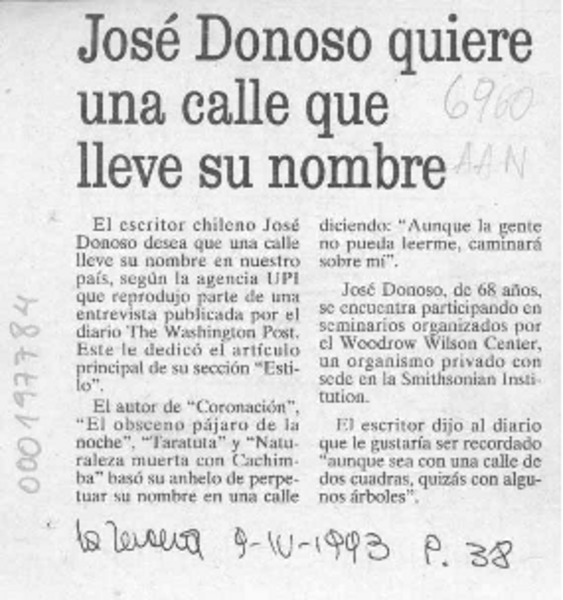 José Donoso quiere una calle que lleve su nombre  [artículo].