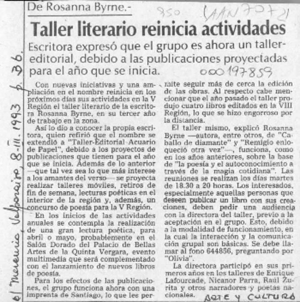 Taller literario reinicia actividades  [artículo].