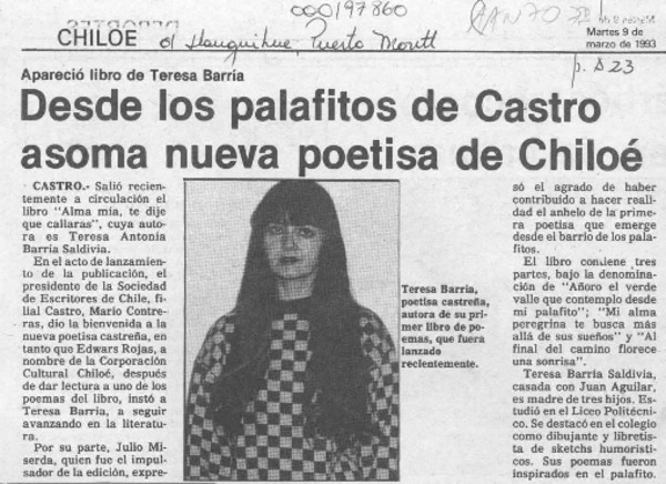 Desde los palafitos de Castro asoma nueva poetisa de Chiloé  [artículo].