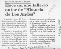 Hace un año falleció autor de "Historia de Los Andes"  [artículo].
