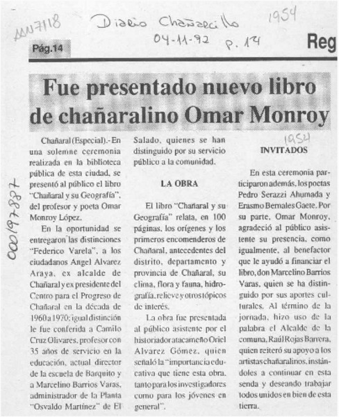 Fue presentado nuevo libro de chañaralino Omar Monroy  [artículo].