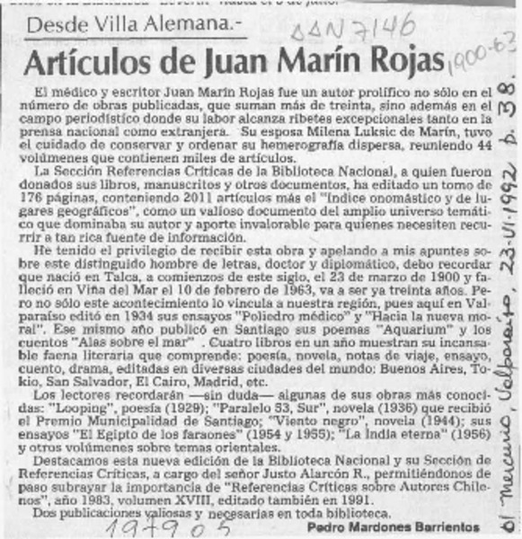 Artículos de Juan Marín Rojas  [artículo] Pedro Mardones Barrientos.