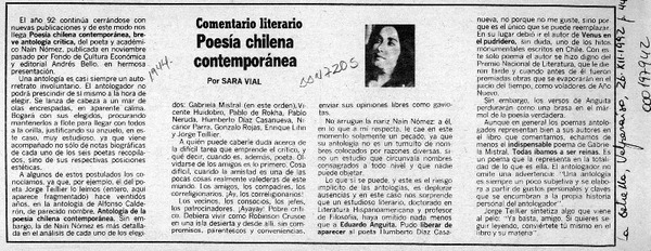 Poesía chilena contemporánea  [artículo] Sara Vial.