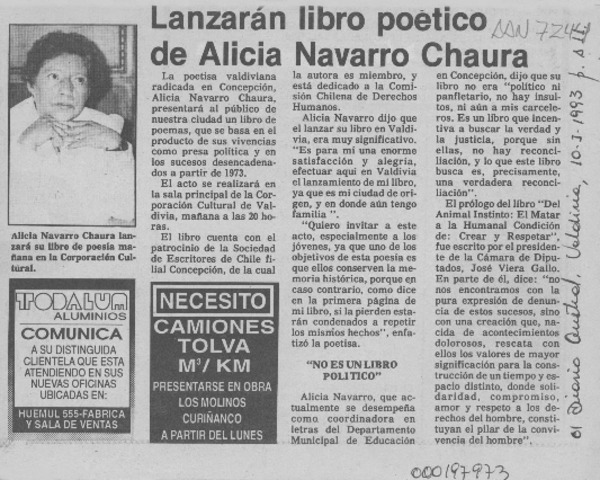 Lanzarán libro poético de Alicia Navarro Chaura  [artículo].