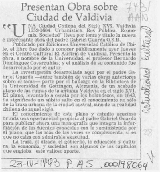 Presentan obra sobre ciudad de Valdivia
