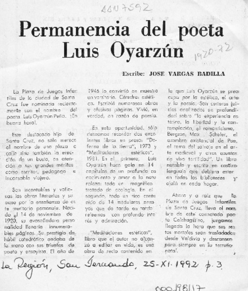 Permanencia del poeta Luis Oyarzún