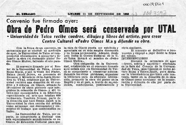Obra de Pedro Olmos será conservada por UTAL  [artículo].