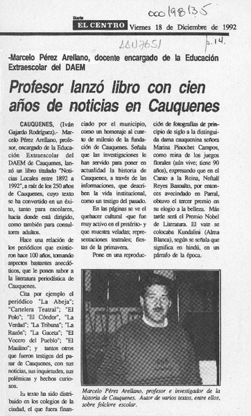 Profesor lanzó libro con cien años de noticias en Cauquenes  [artículo] Iván Gajardo, Rodríguez.