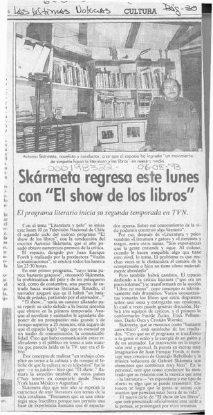 Skármeta regresa este lunes con "El show de los libros"  [artículo].