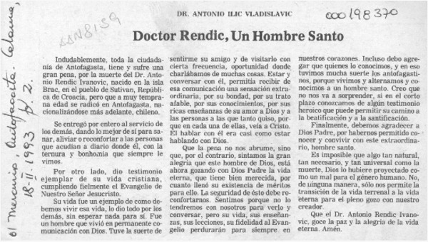 Doctor Rendic, un hombre santo  [artículo] Antonio Ilic Vladislavic.